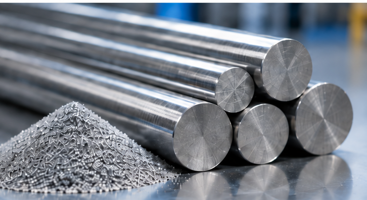 Polished stainless steel rods stacked beside a pile of atomized metal powder