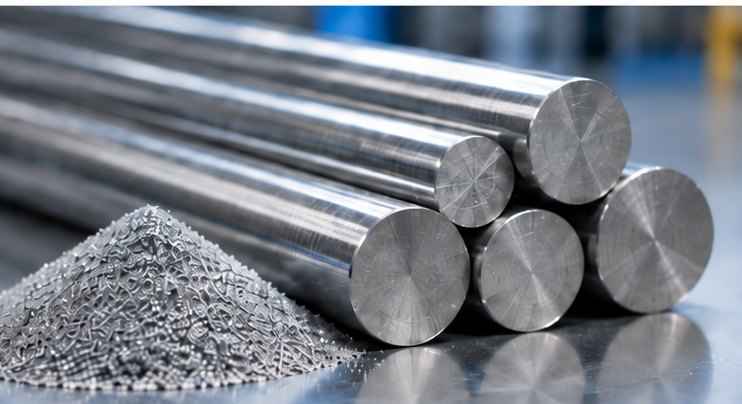 Stacked steel rods with metal shavings