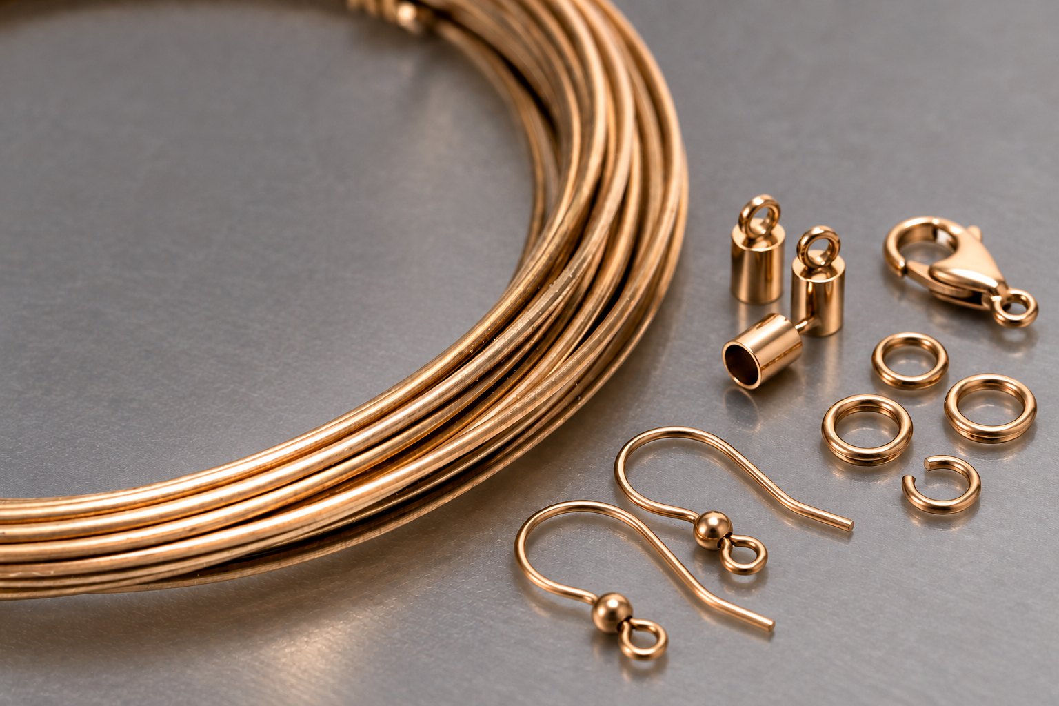 Gold wire coil and jewelry findings on a metal surface