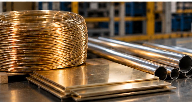 Brass wire coil, sheets and pipes on a warehouse floor