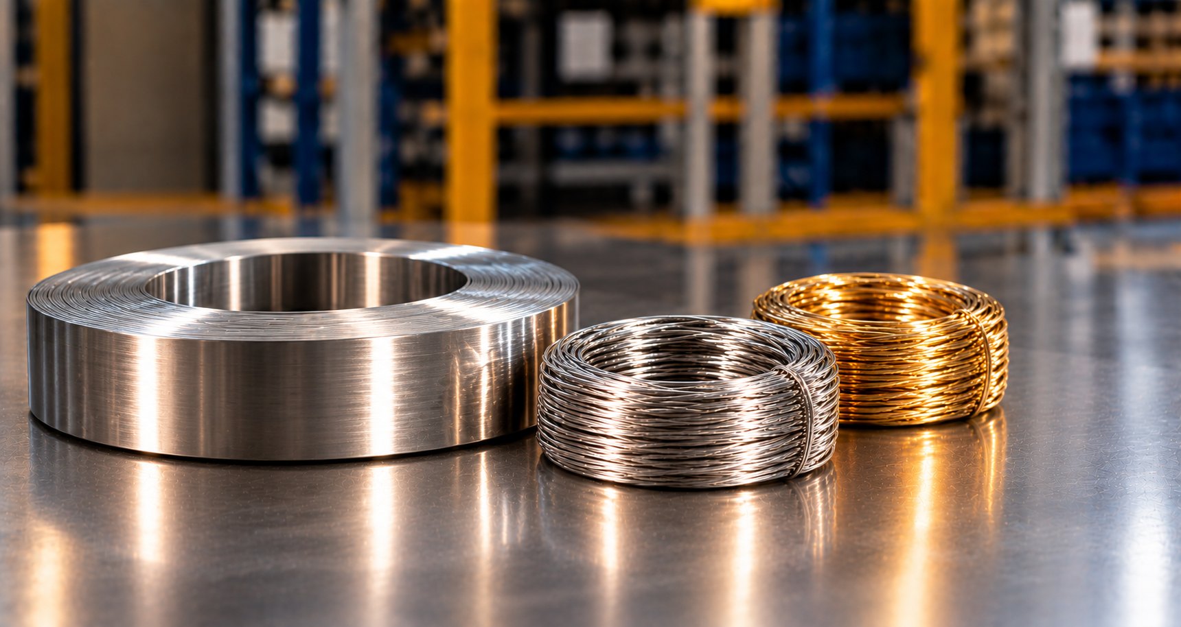 Metal strip and wire coils on a warehouse surface